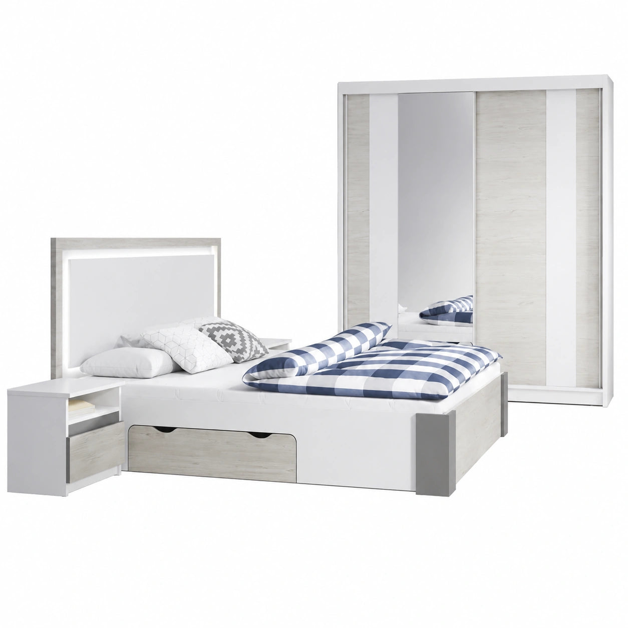 Hochwertiges Schlafzimmer-Set Helios II 180 - Bettgestell, Kleiderschrank mit Spiegel, 2 Nachttische - Modernes Design in Weiß/Grau