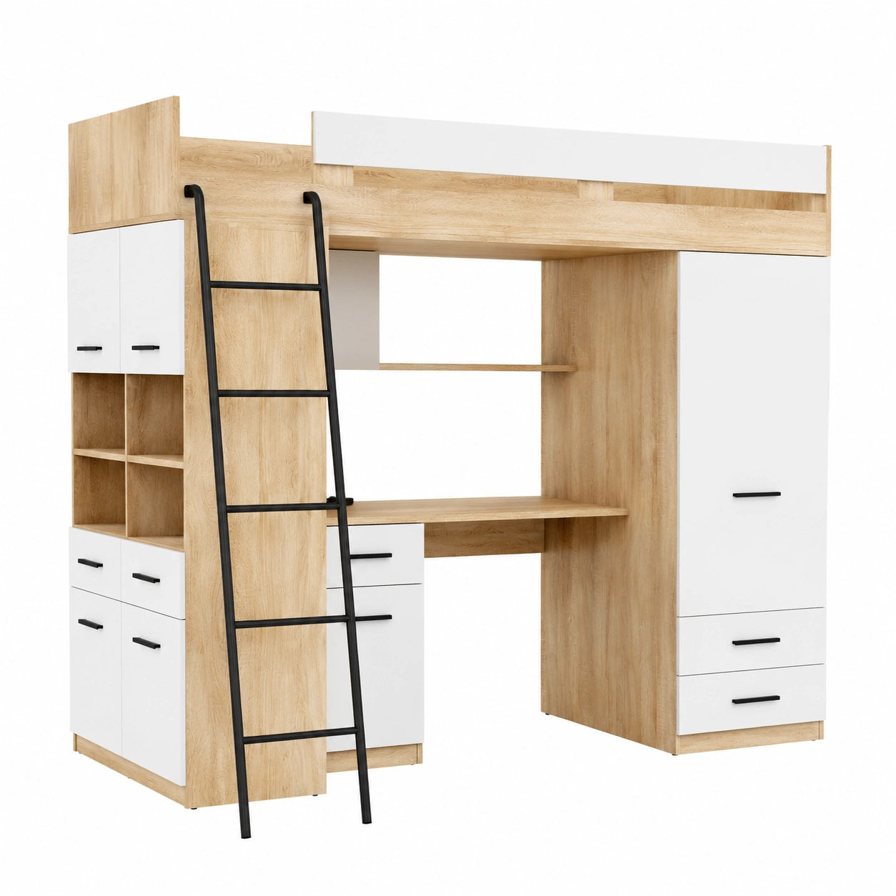 Kinderzimmer Hochbett mit Schreibtisch und Schrank, 200x90 cm, Sonoma Eiche/Weiß