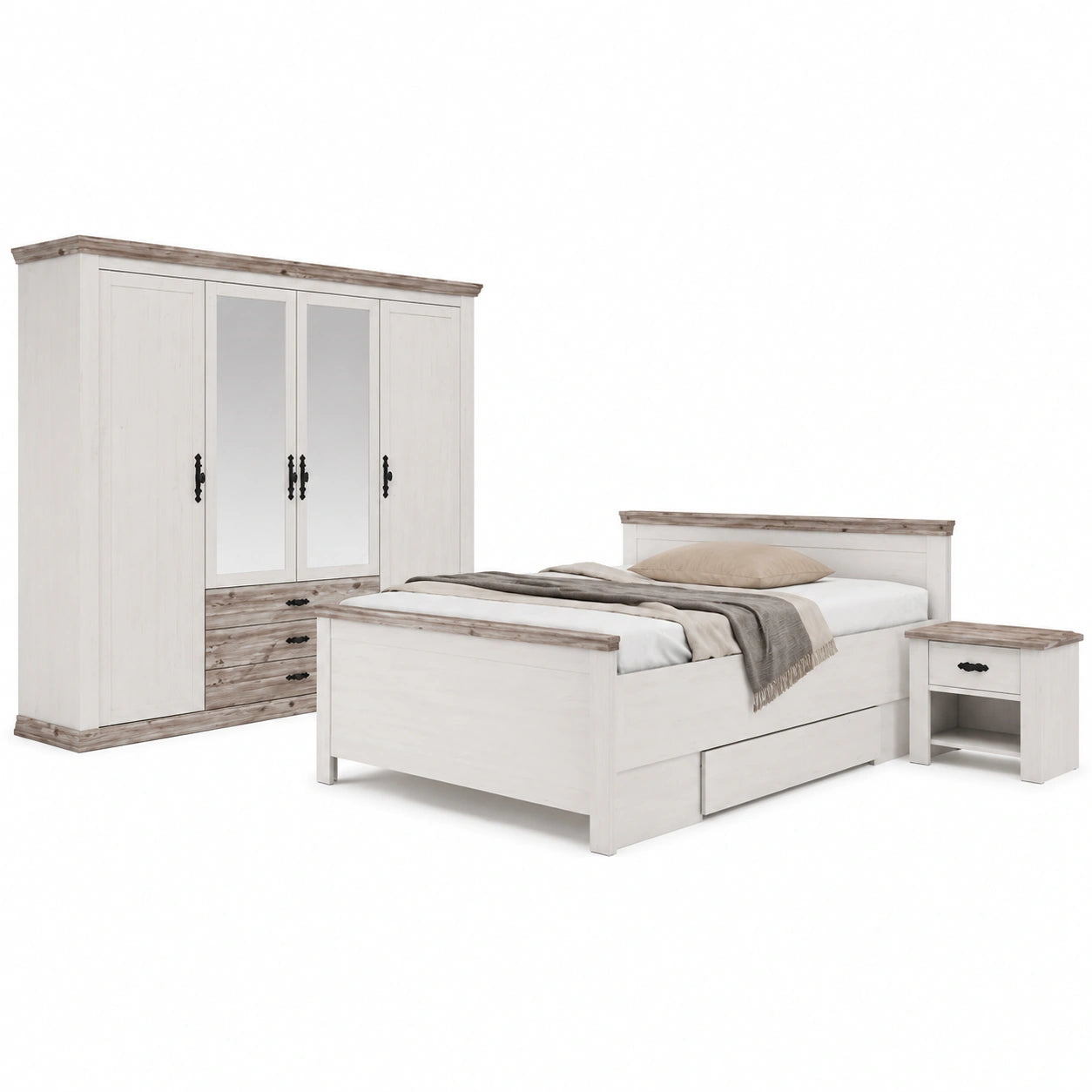 Komplettes Landhaus Schlafzimmer Set in Weiß und Dunkler Pinie