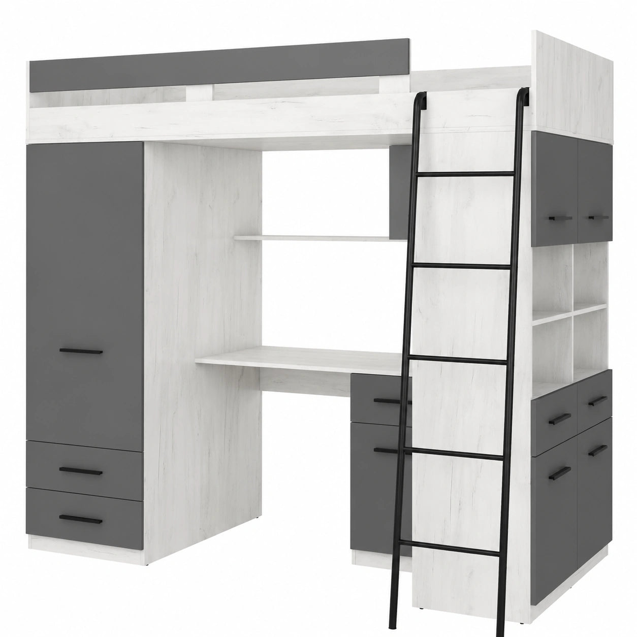 BIM Kindermöbel Set: Hochbett mit Schreibtisch und Kleiderschrank in Weiß/Graphit