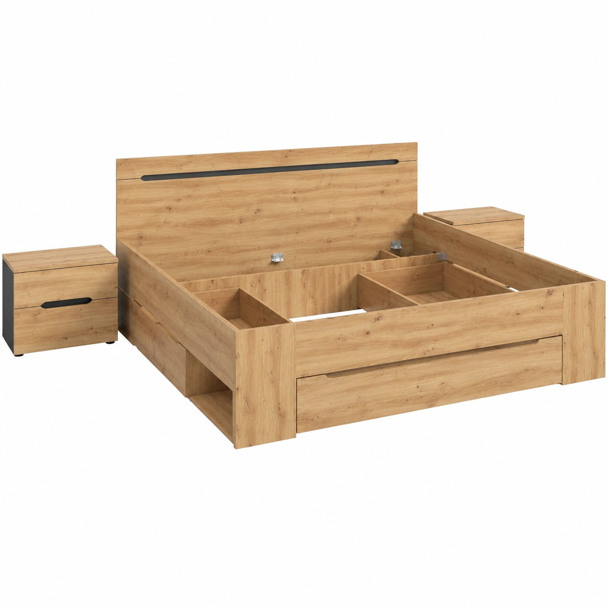 Moderne 3-teilige Schlafzimmermöbel – Doppelbett mit Nachtkommoden, Basalt Grau/Artisan, FSC®-zertifiziert