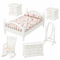 Modernes Puppenhaus Schlafzimmer-Set aus Holz, 1:12 Mini-Möbel, Doppelbett, Spiegel, Nachttisch, Stuhl, Schrank, 6-teilig