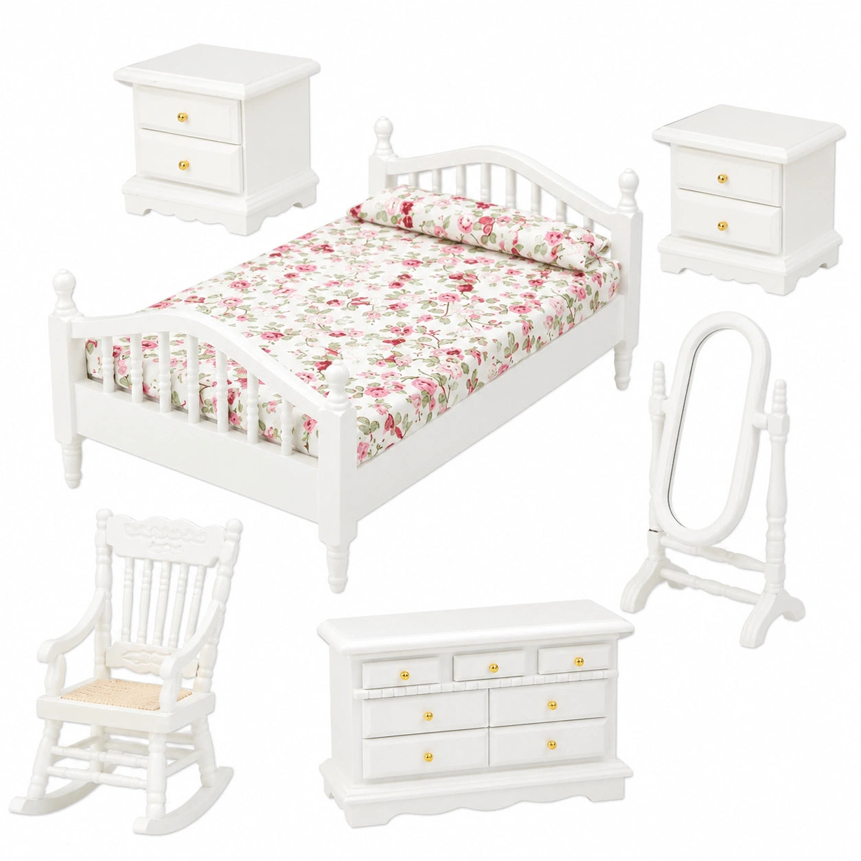 Modernes Puppenhaus Schlafzimmer-Set aus Holz, 1:12 Mini-Möbel, Doppelbett, Spiegel, Nachttisch, Stuhl, Schrank, 6-teilig