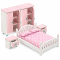 7-teiliges Schlafzimmer-Set aus Massivholz für Puppenhäuser - Schrank, Doppelbett und Zubehör