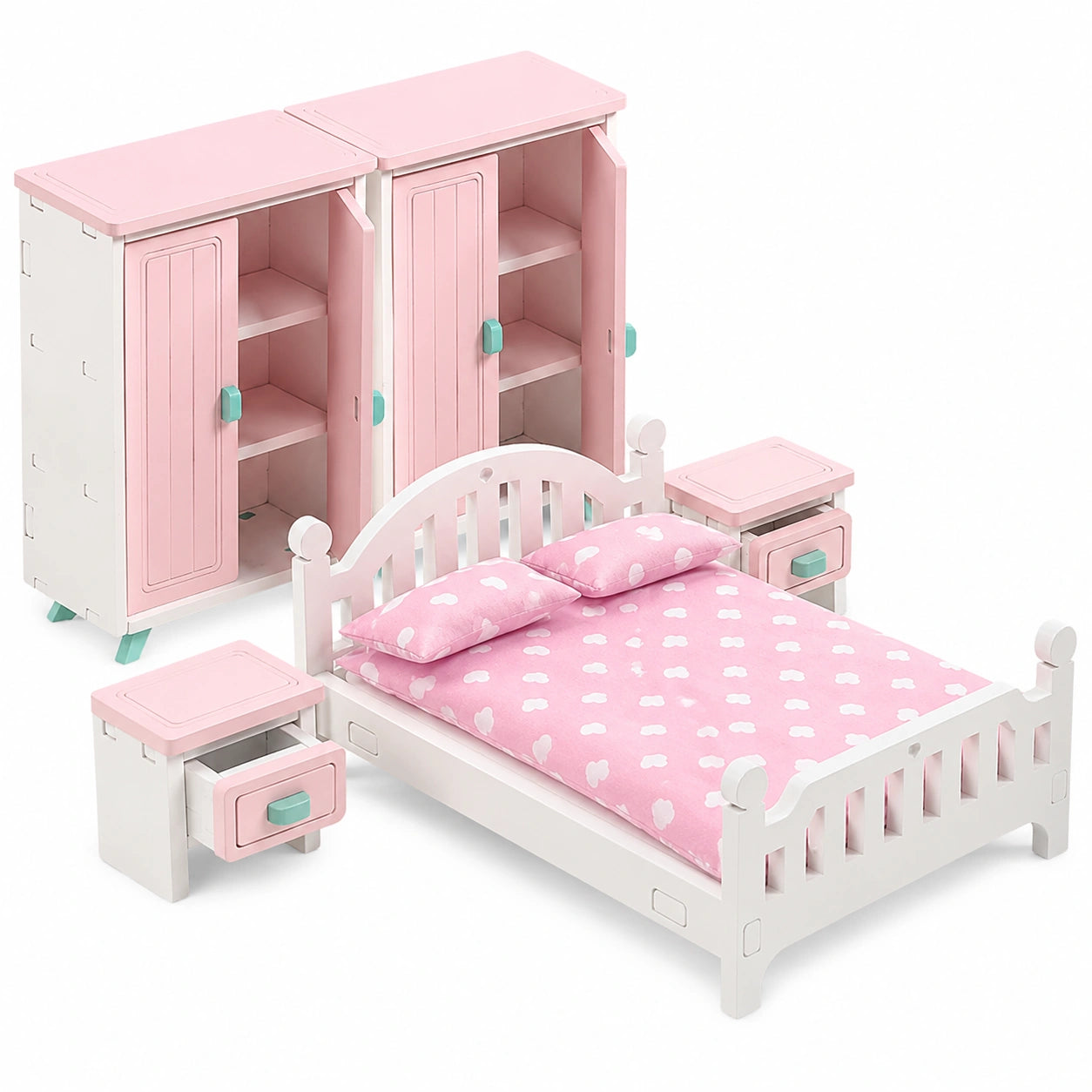 7-teiliges Schlafzimmer-Set aus Massivholz für Puppenhäuser - Schrank, Doppelbett und Zubehör