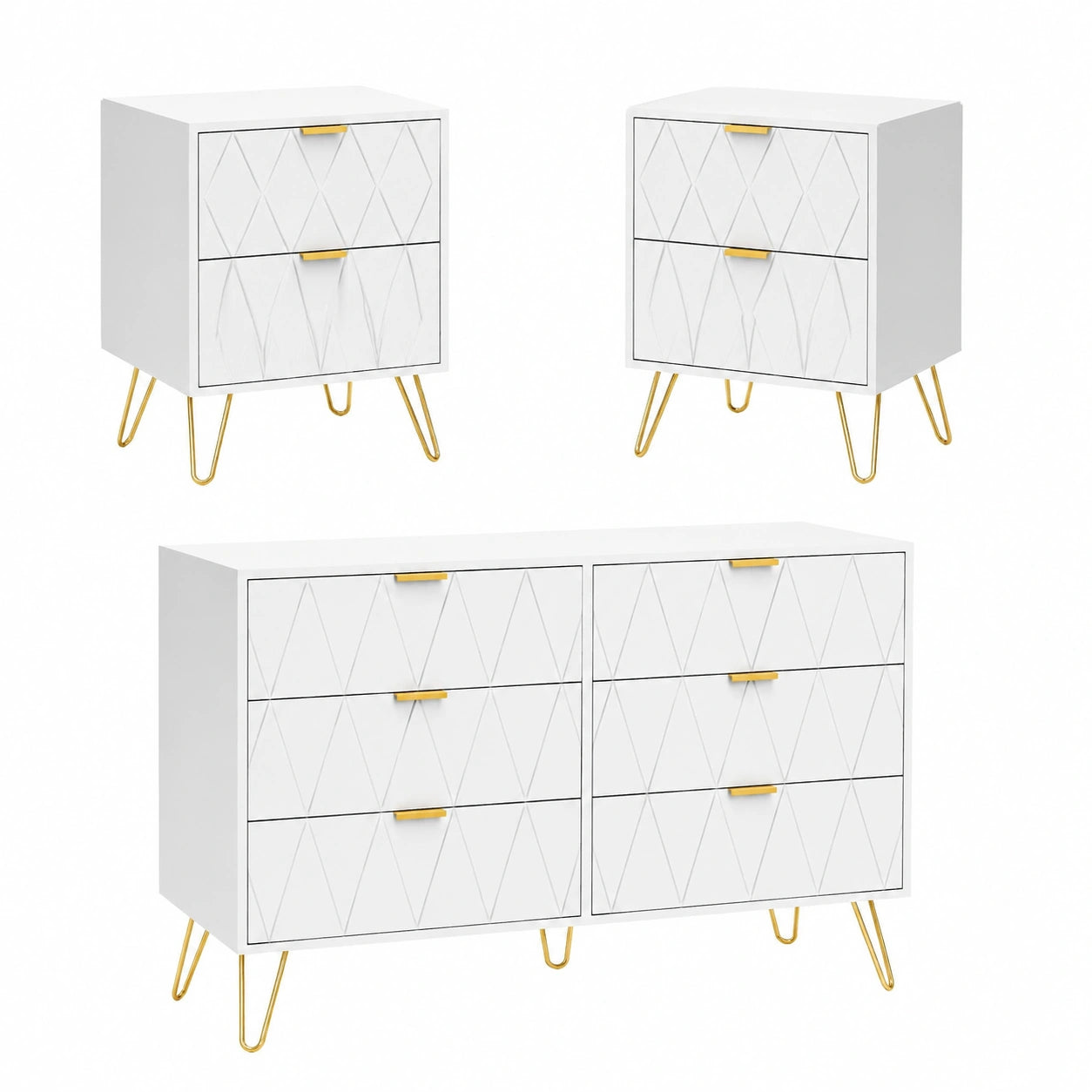 Skandinavisches Schlafzimmer-Set in Weiß, 3-teilig mit Kommode und Nachttischen, Goldene Griffe