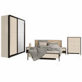 Komplettes Schlafzimmer-Set Enna I mit LED-Beleuchtung, inklusive Kleiderschrank, Kommode, Nachttisch und Bett, 160 x 200 cm, in Sandbeige/Schwarz und Eiche Natur