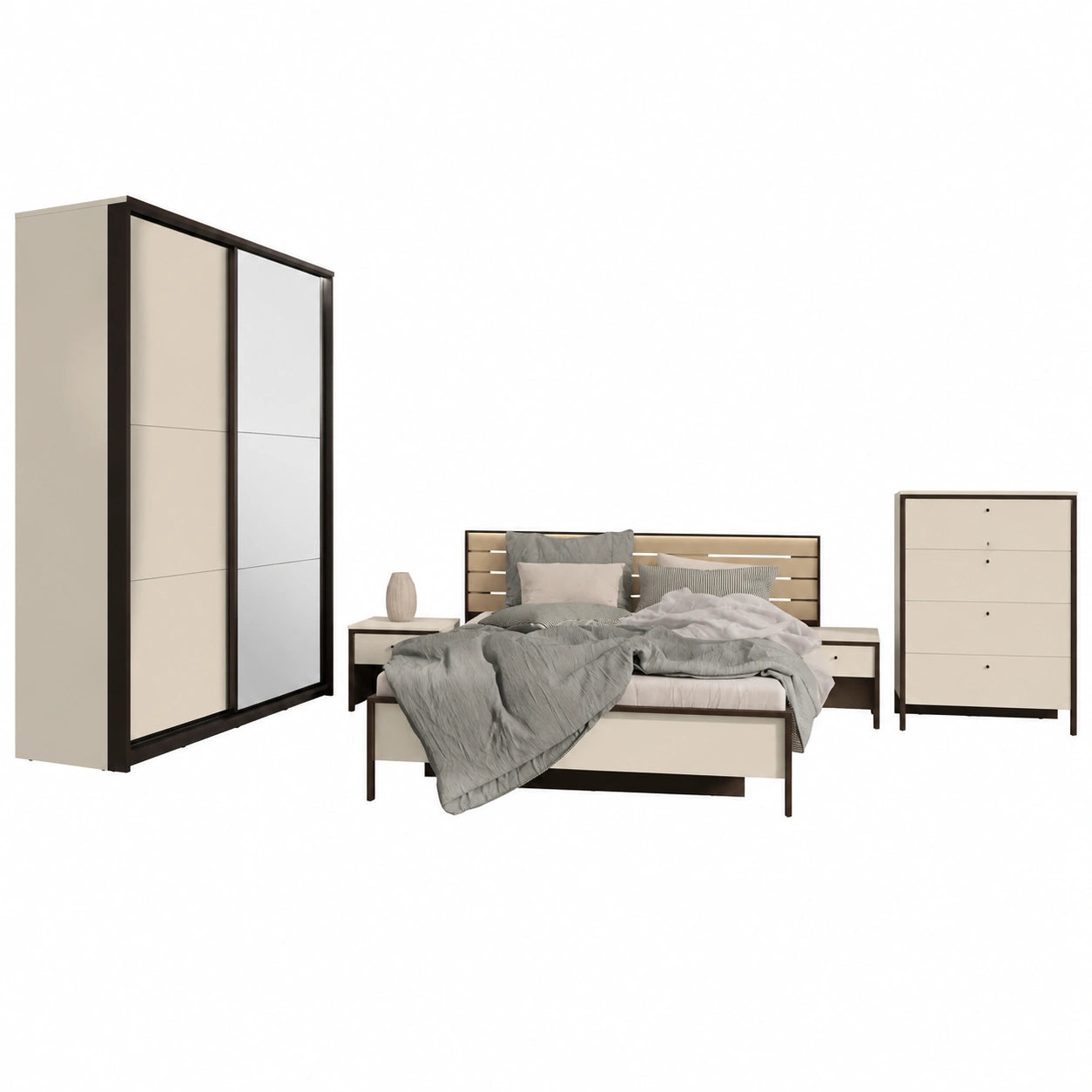 Komplettes Schlafzimmer-Set Enna I mit LED-Beleuchtung, inklusive Kleiderschrank, Kommode, Nachttisch und Bett, 160 x 200 cm, in Sandbeige/Schwarz und Eiche Natur
