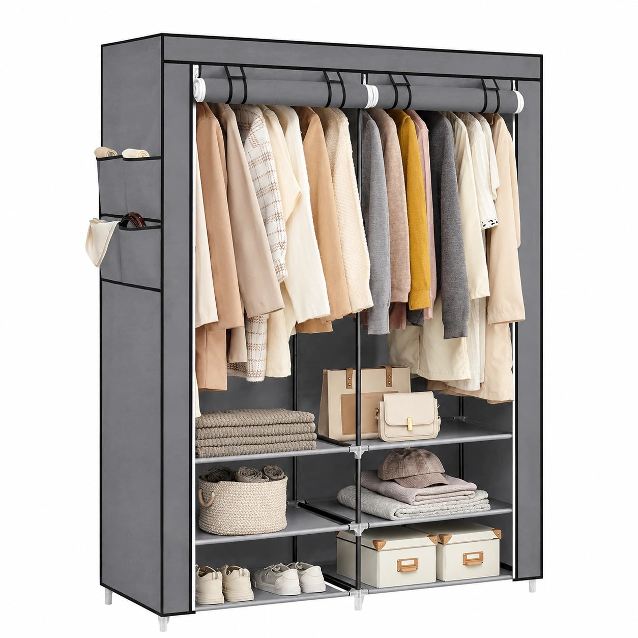 Vielseitiger SONGMICS Stoffkleiderschrank mit Ablagen und Seitentaschen, 45 x 127 x 176 cm, grau