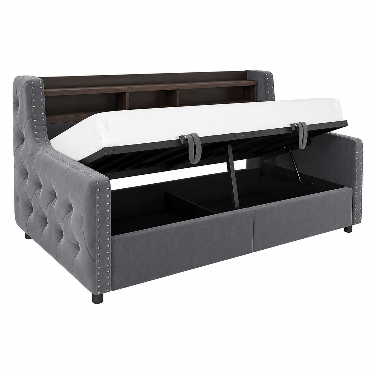 Kinder-Schlafsofa 90x200 mit LED und USB, Samtbett mit Stau und Lattenrost, Dunkelgrau, ohne Matratze