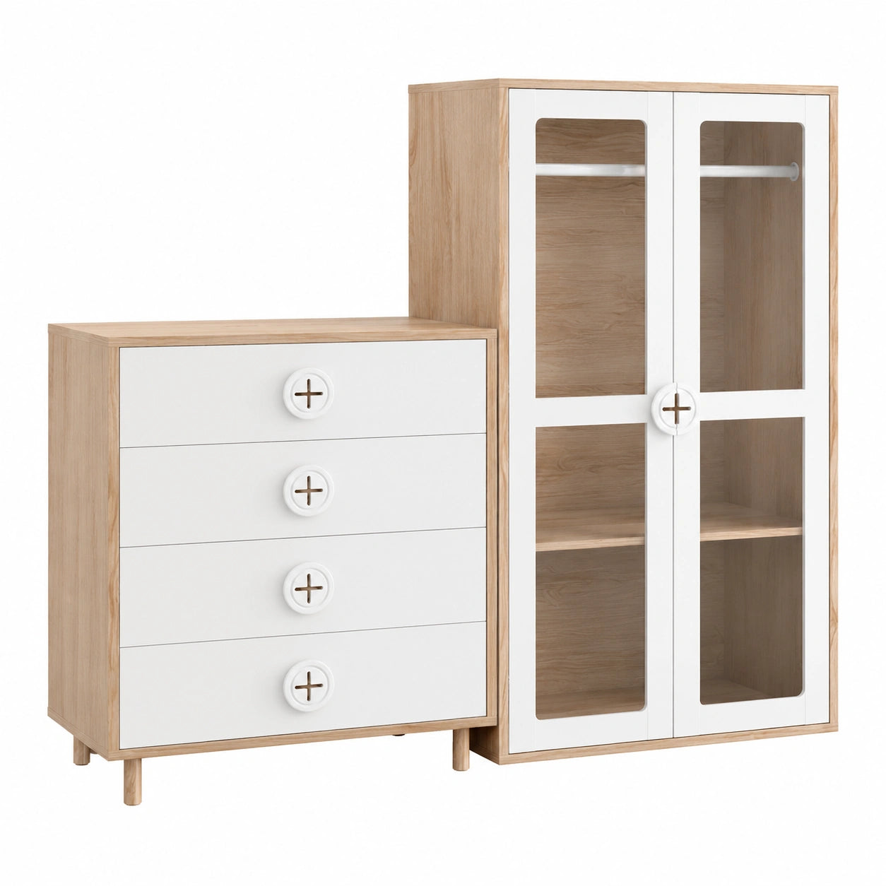Kleiderschrank-Kommode Set mit Stangen & Schubladen, umweltfreundlich lackiert, weiß & holzoptik