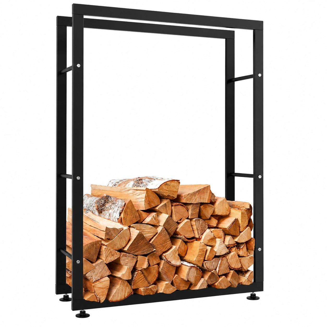 Hochwertiges Kaminholzregal in Schwarz - Metallkonstruktion mit Bodenschonern, Größe: 25x80x125 cm