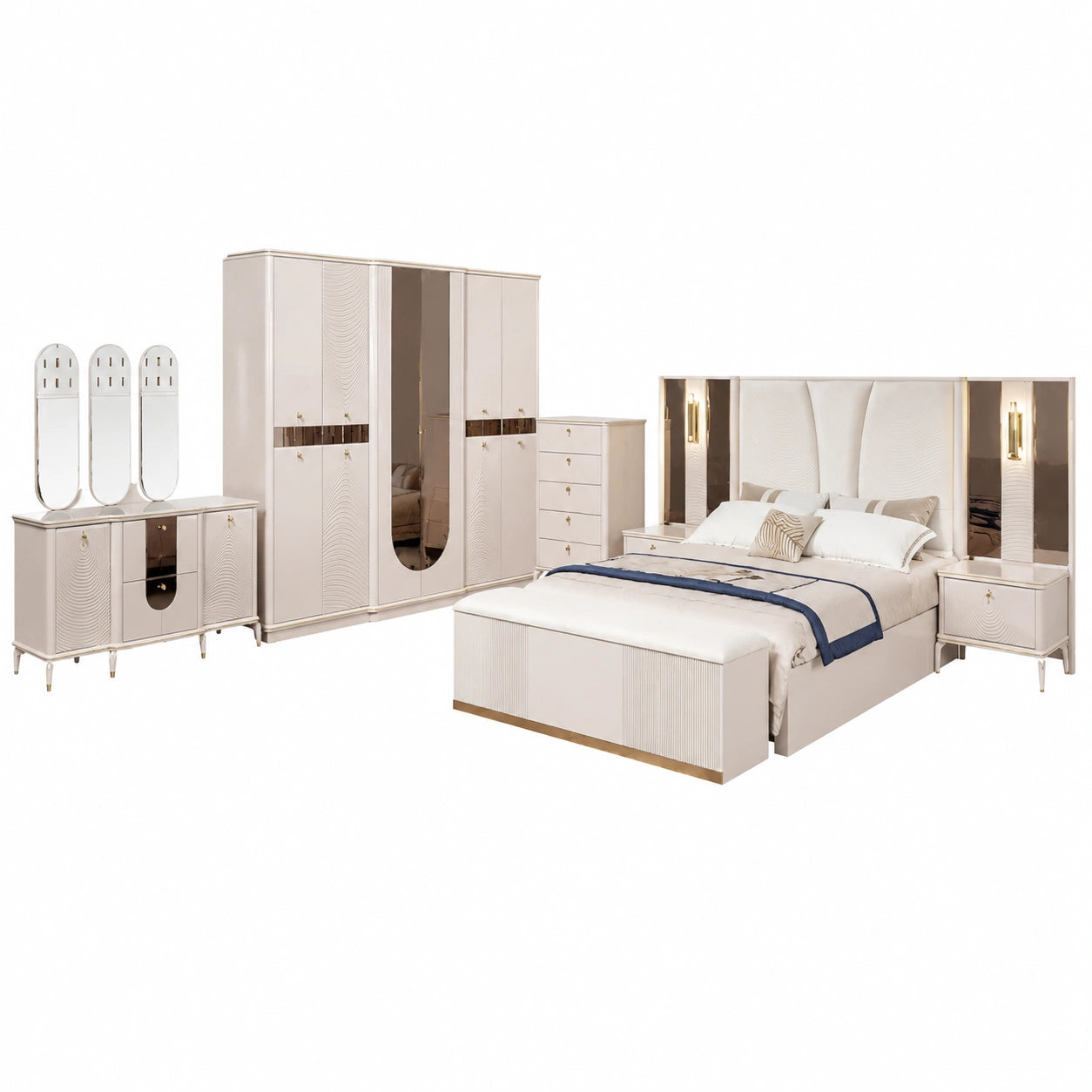 Premium Schlafzimmer-Set 7-teilig mit 180x200 cm Stauraumbett und LED, Hochwertiges Design aus HDF, PU & Glas