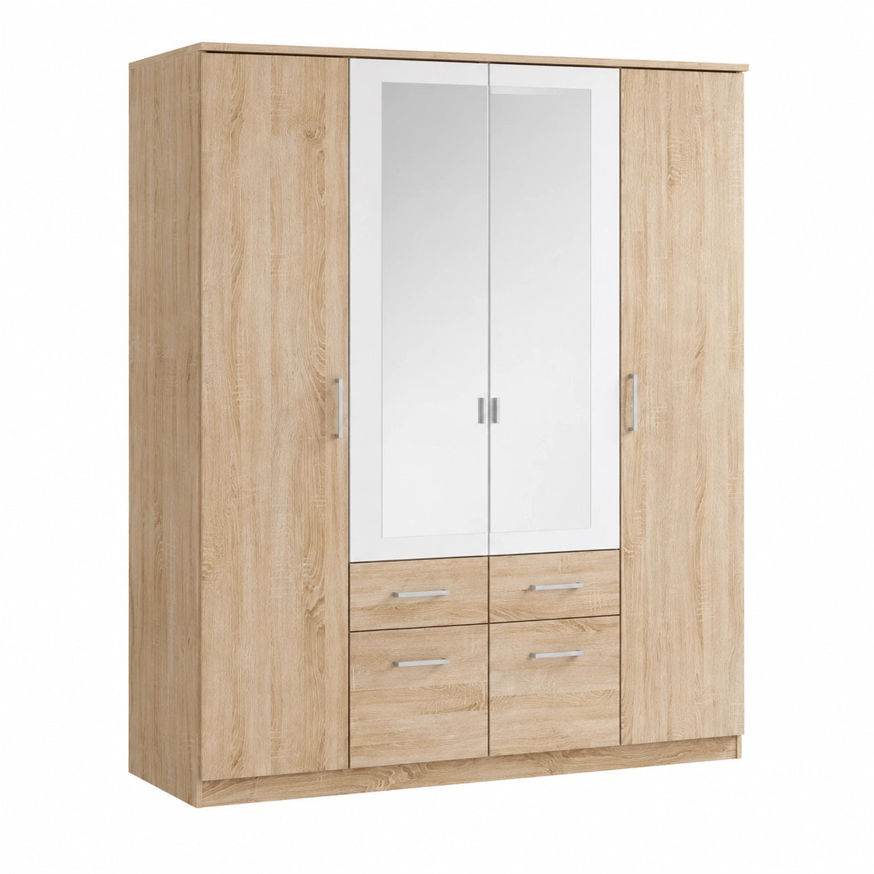 Rauch Möbel Burano Schlafzimmer-Set, Eiche Sonoma/Weiß, Bett 180x200cm, 2 Nachttische, Kleiderschrank mit Spiegel