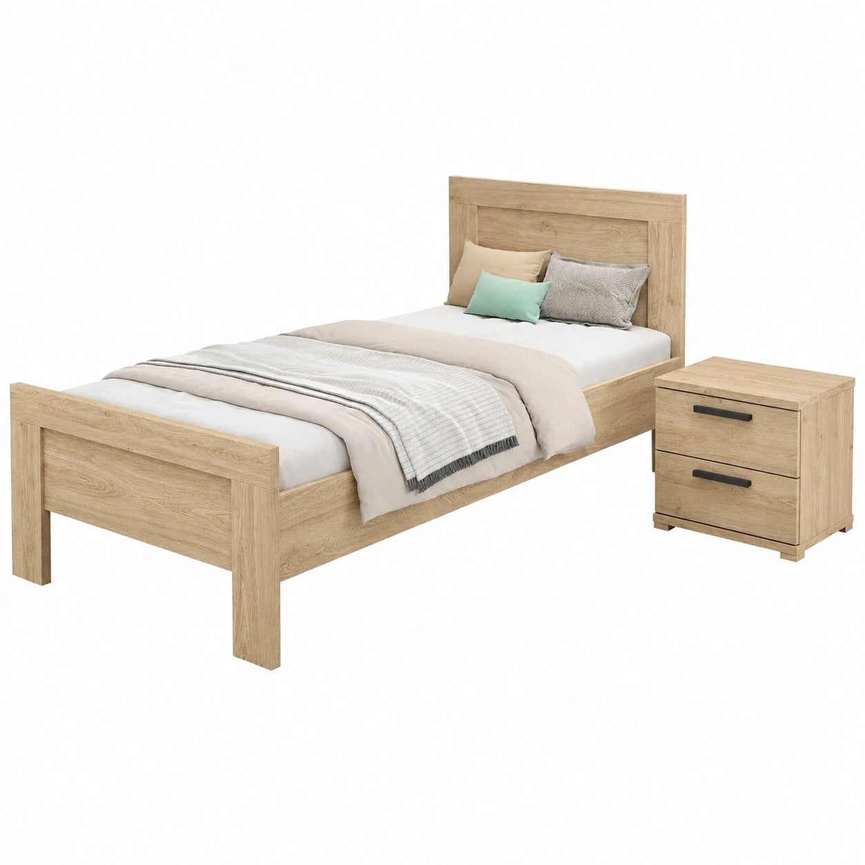 VIPACK Sam Schlafzimmer-Set – Einzelbett mit Nachtkonsole, Eiche Dekor, robust & pflegeleicht