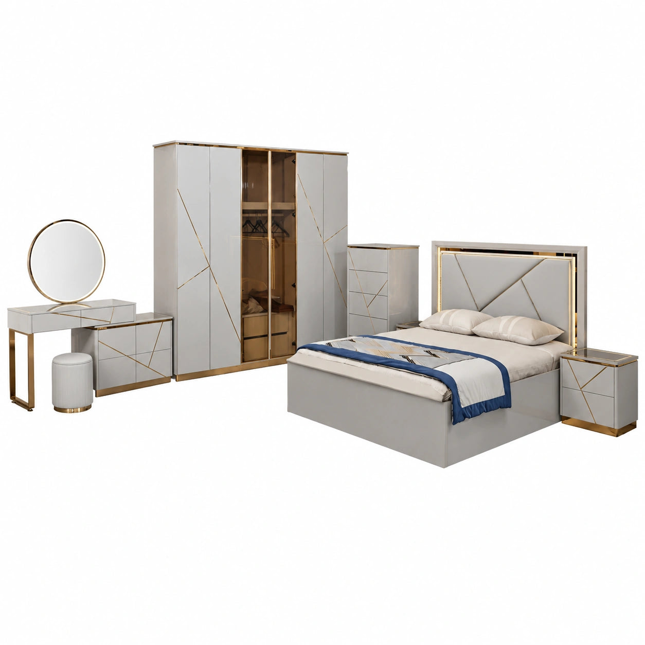 Elegantes 7-teiliges Schlafzimmer-Set 180x200 cm mit Stauraum-King-Size-Bett und USB-Ladestation aus HDF, PU & Glas, 6-türiger Kleiderschrank inklusive