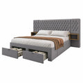 Modernes Schlafzimmer-Set mit Kingsize-Bett, grauem Samt und USB-Anschluss, inklusive Nachttischen und Schubladen