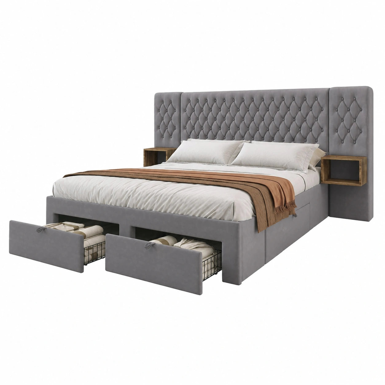 Modernes Schlafzimmer-Set mit Kingsize-Bett, grauem Samt und USB-Anschluss, inklusive Nachttischen und Schubladen