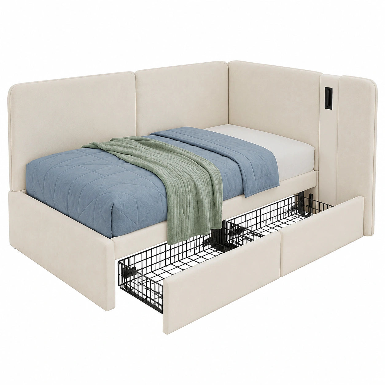 Mrwoo Samt-Schlafsofa 90x200 cm mit USB-Anschluss und Leselampe, Tagesbett mit Schubladen, Beige