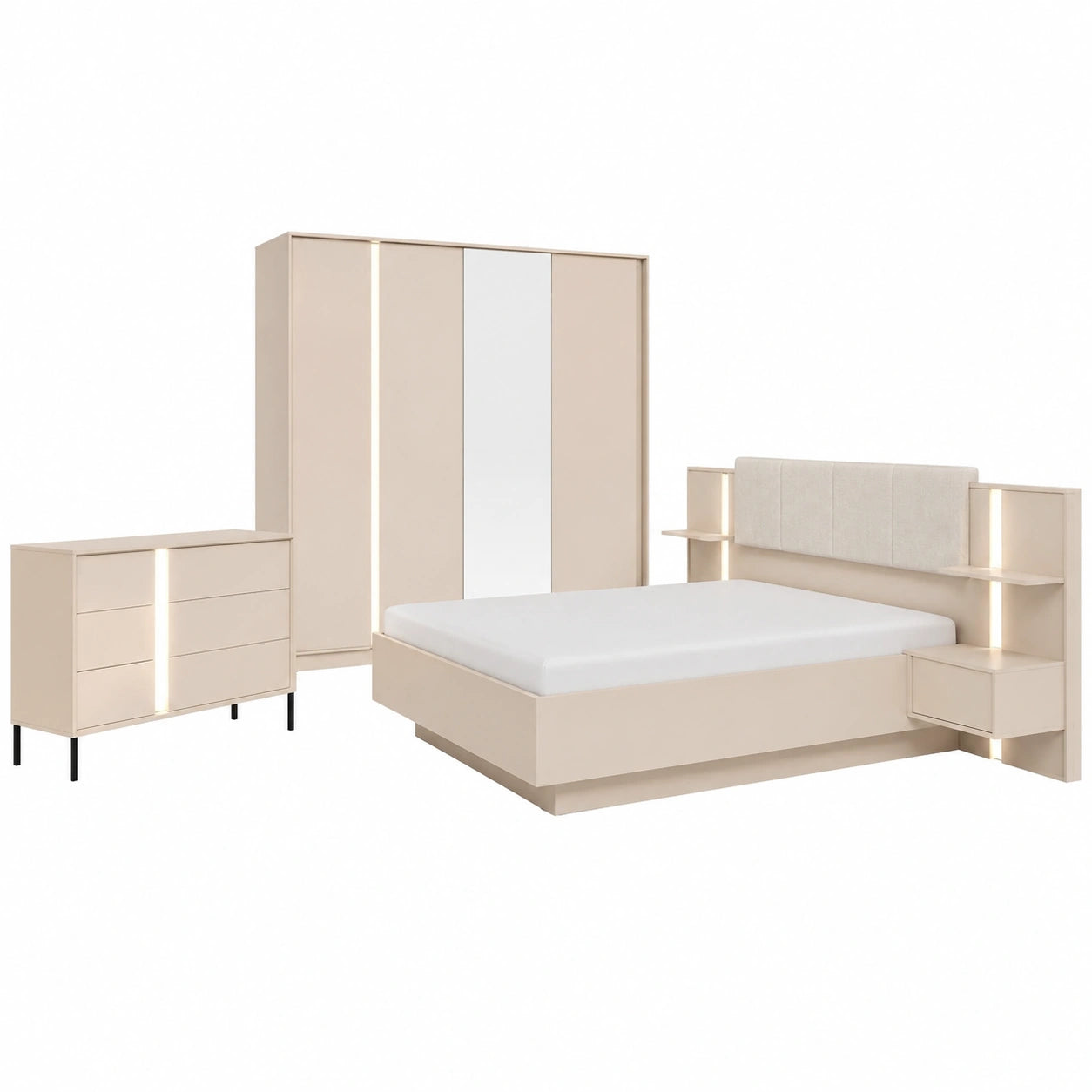 Komplett-Schlafzimmer-Set: Bett, Nachttische, Kleiderschrank & Kommode - Beige