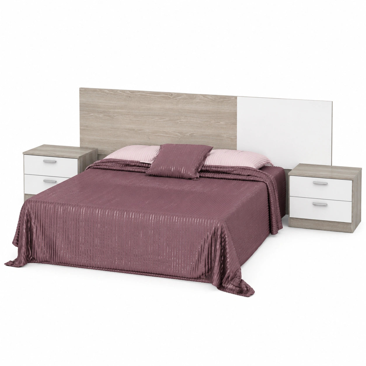 Skandinavisches Schlafzimmer-Set mit Doppelbett in Weiß und Sahara, inklusive Kopfteil und Nachttischen