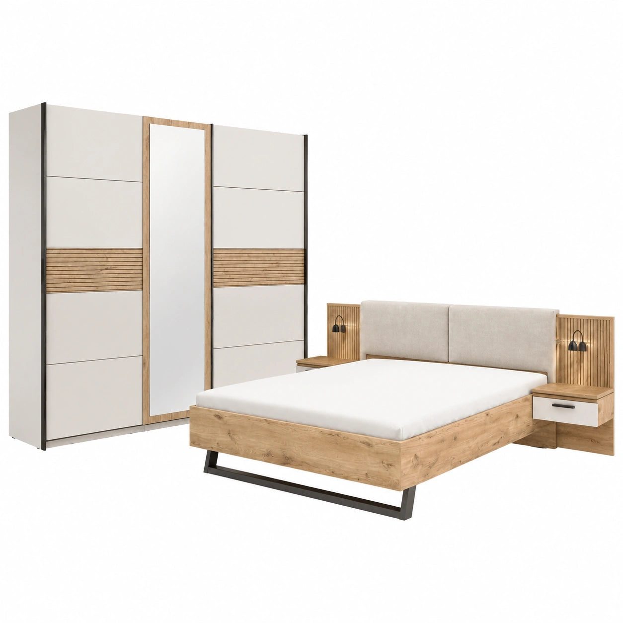 Möbelando Schlafzimmer-Set Daria, Schwebetürenschrank mit Spiegel, Doppelbett mit Nachtkommoden, Eiche/Weiß
