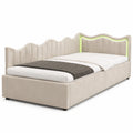 Polster-Einzelbett 90x200 mit LED und Stauraum, ideal als Jugend- oder Gästebett, Tagesbett ohne Matratze in Beige
