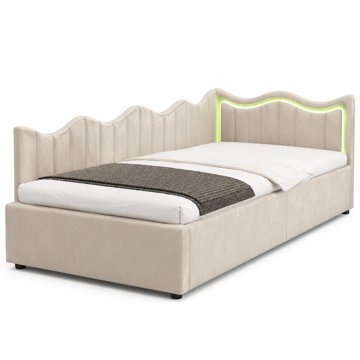 Polster-Einzelbett 90x200 mit LED und Stauraum, ideal als Jugend- oder Gästebett, Tagesbett ohne Matratze in Beige
