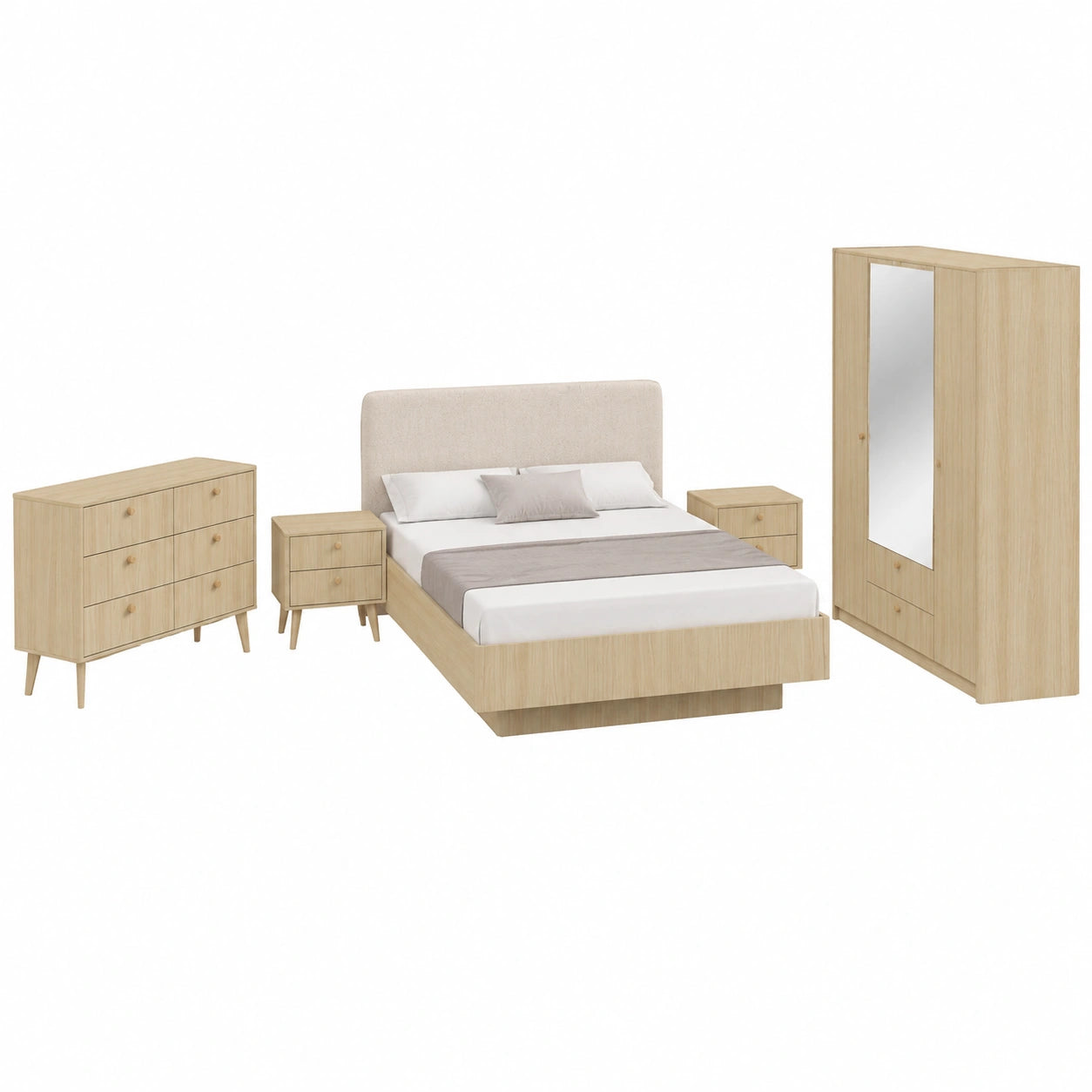 Modernes Schlafzimmer-Set Viki Eiche Barista – Bett mit gepolstertem Kopfteil, Spiegelschrank, Kommoden und Nachttische