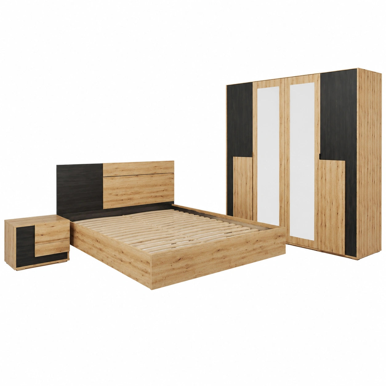 Schlafzimmer-Set Bafra: Bett, Kleiderschrank mit Spiegel, Nachttisch, Kommode - Eiche Artisan/Schwarze Kiefer
