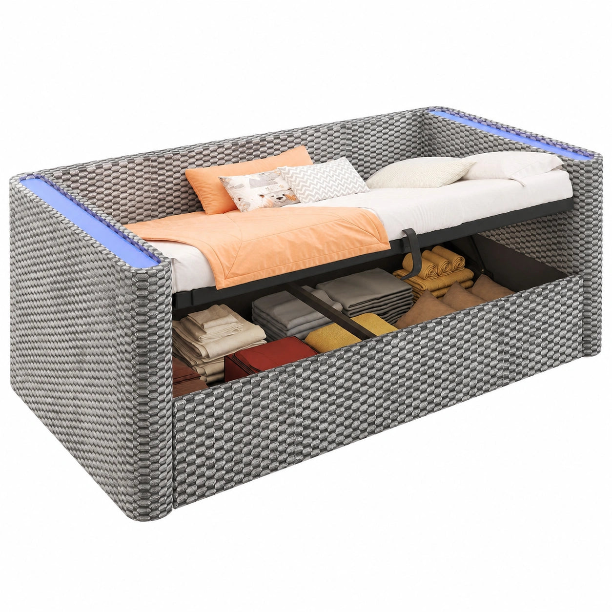 Einzelbett Schlafsofa mit Stauraum, LED, Samt, 90x200 cm, grau