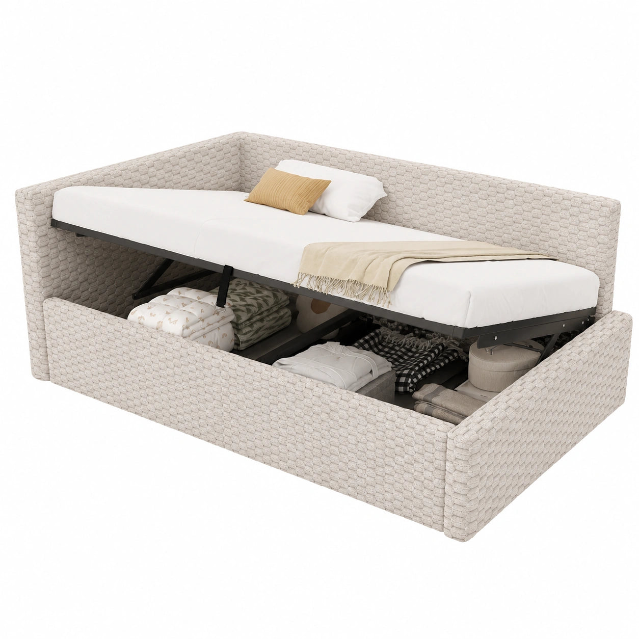 Graues Samt-Schlafsofa 90x200 cm mit LED und USB, Tagesbett mit Stauraum