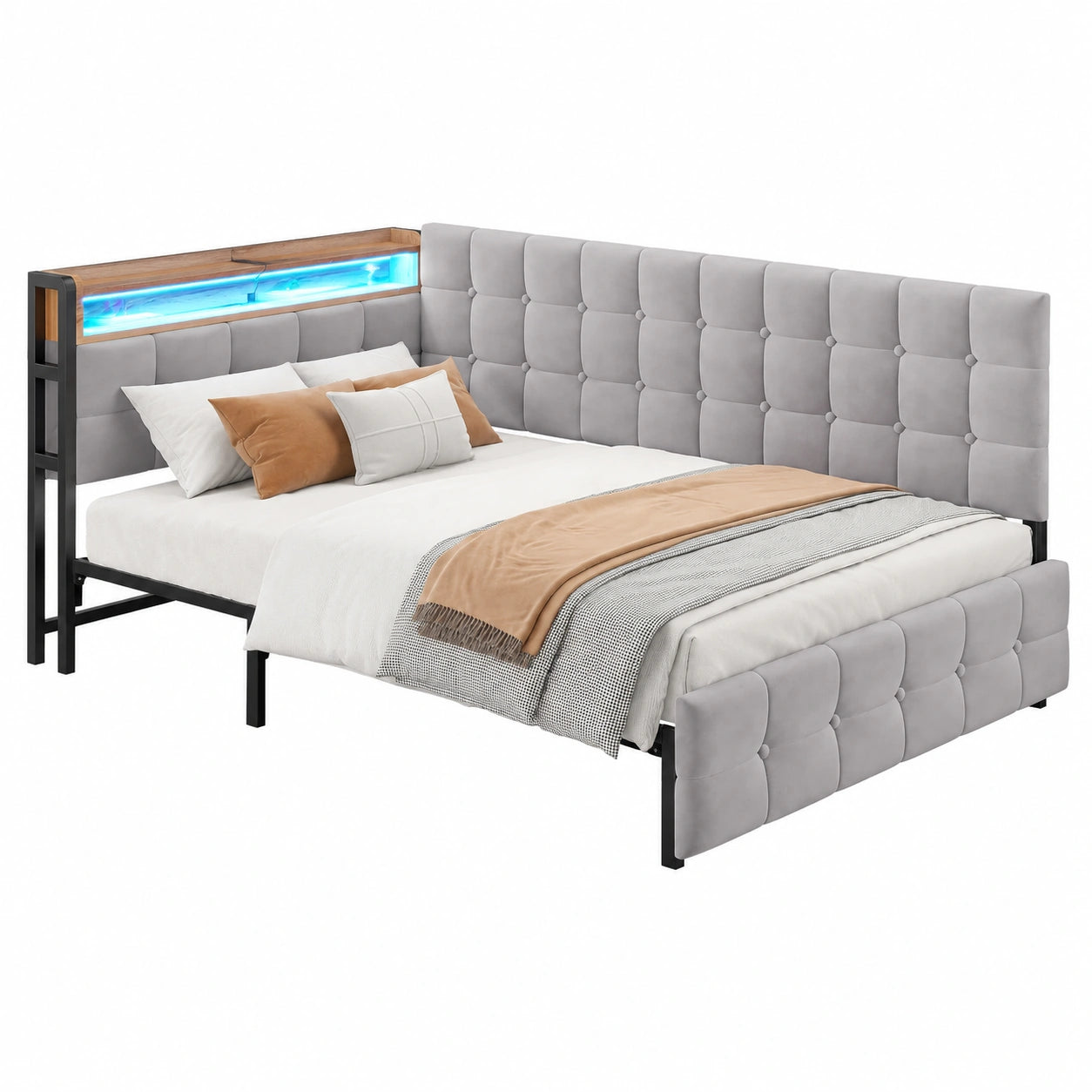 Multifunktionales Schlafsofa 90x200 cm mit LED-Lampe und 2 Schubladen, USB- und Typ-C-Anschlüssen, Grau